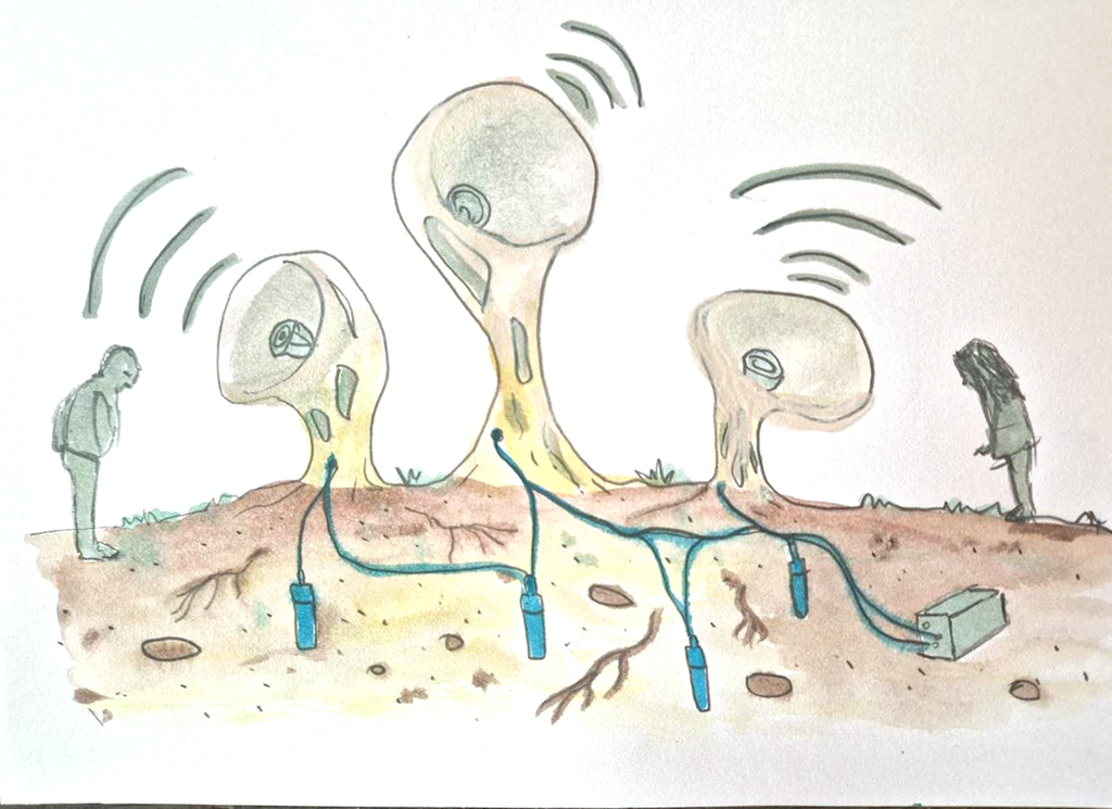 The Soil Is Breathing — preliminary installation sketch, 2026. Sensor-equipped soil microcosms generate a changing sound composition that is physically filtered and spatialised through mycelium acoustic bodies.